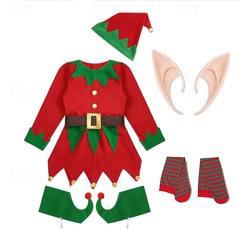 Elf Outfits Christmas Dress Elf Costume Cosplay Costumes Girls' Christmas Special Kid's Christmas Carnival Masquerade Christmas Party 1 Pair of Earrings Dress Stockings Shoes Hat2