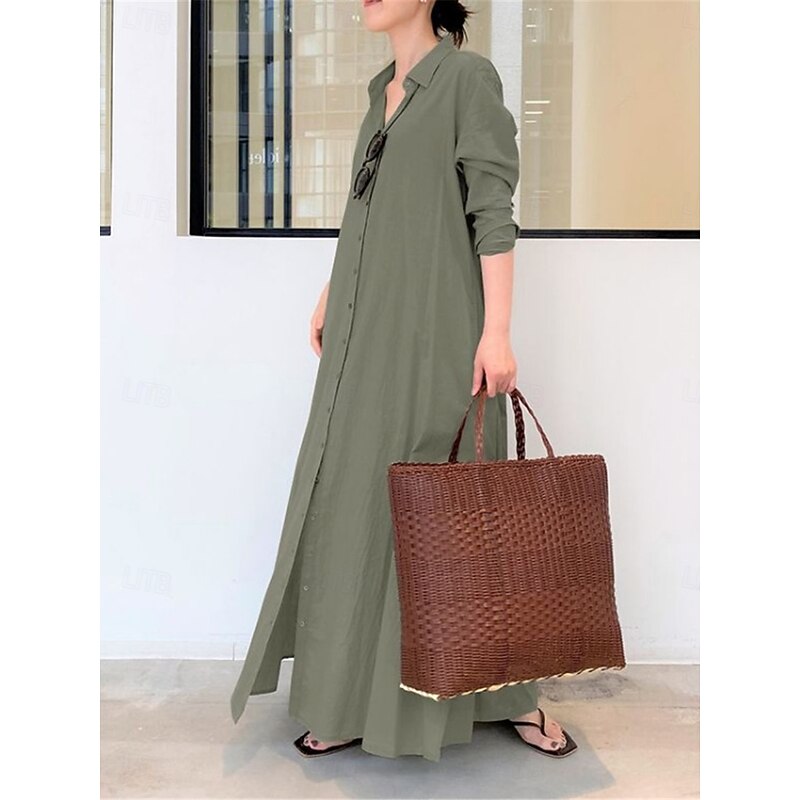 Women's Shirt Dress Maxi Dress Button Pocket Casual Shirt Collar Long Sleeve Black Green Coffee Color2