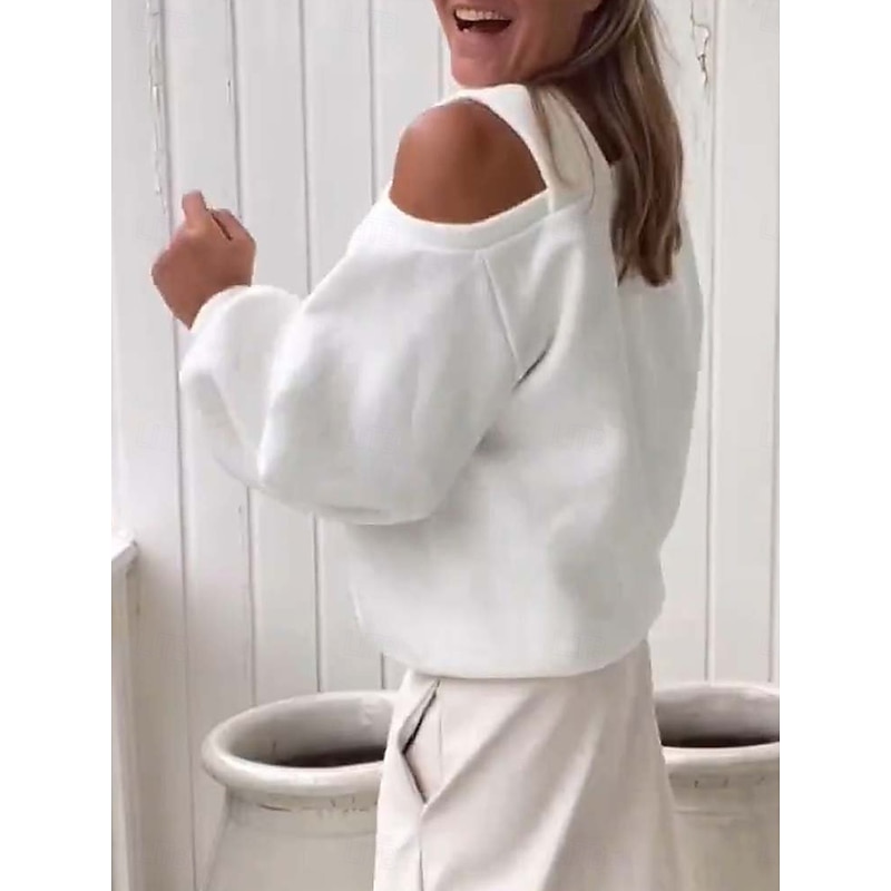 Women's Sweatshirt Casual Plain Street Dailywear V Neck Long Sleeve Black White Beige Fall Winter3