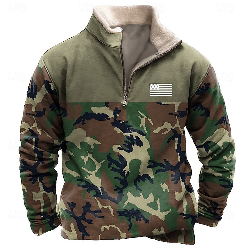 Men's Camo / Camouflage Sweatshirt Quarter Zip Sweatshirt Long Sleeve Sweatshirt Stand Collar Quarter Zip Casual Vintage Retro 3D Print Vacation Going out Streetwear Half Zip Fall Winter