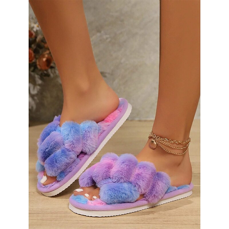 Women's Slippers Fuzzy Slippers Fluffy Slippers House Slippers Warm Slippers Home Daily Fleece Lined Flat Heel Round Toe Plush Casual Minimalism Faux Fur Loafer Colorful Black White3