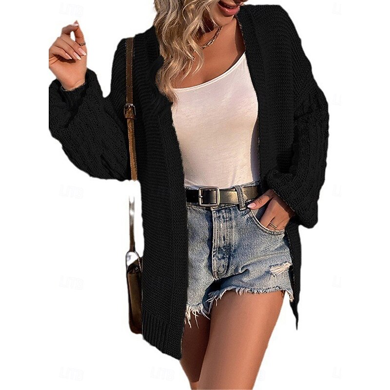 Women's Sweater Cardigan Casual Soft Pure Color Ribbed Open Front Knitted Long Sleeve Regular Tops Knit Outdoor Daily Weekend Black Pink Fall Winter2