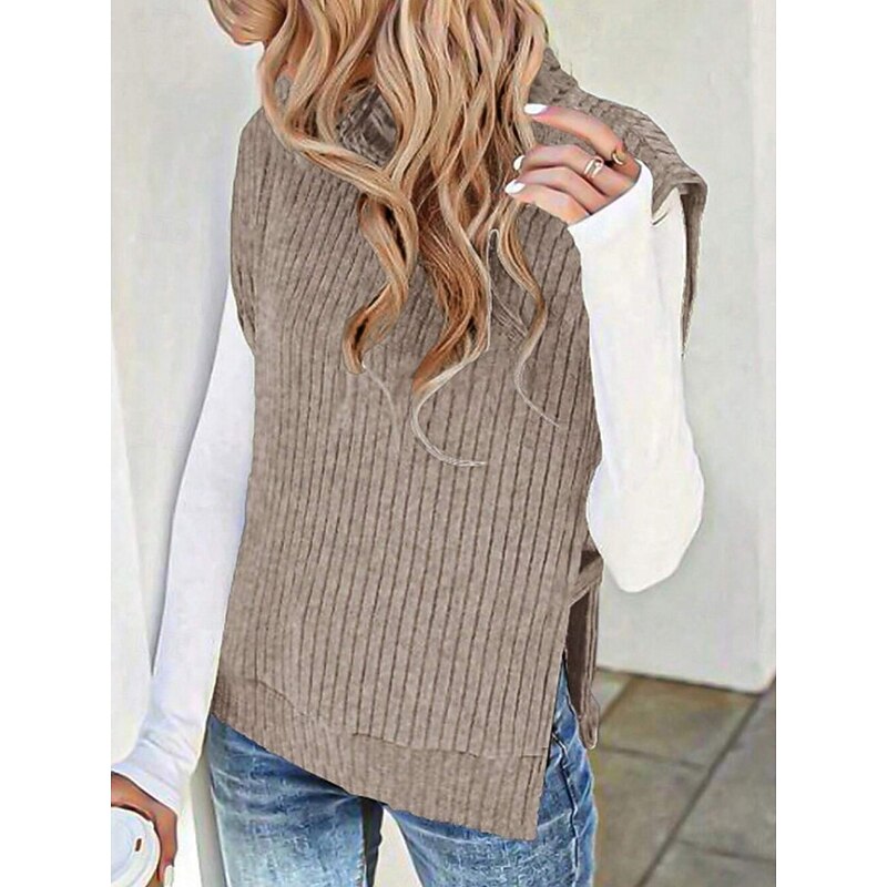 Women's Sweater Vest Casual Soft Solid Color Ribbed Turtleneck Split Knitted Sleeveless Regular Tops Knit Outdoor Daily Weekend Light Green Khaki Fall Winter 8