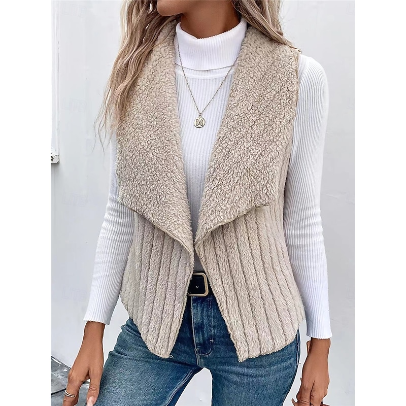 Women's Fleece Vest Warm Breathable Fleece Lined Casual Plain Vacation Street Daily Wear Going out Open Front Regular Turndown Regular Fit Sleeveless Outerwear White Khaki Gray Fall Winter