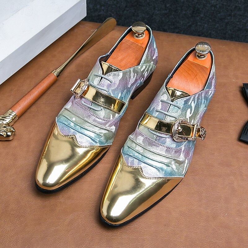 Men's Gradient Camo Formal Shoes with Metallic Gold Toe Caps and Buckle Detail - Elegant Lace-Up Design for Parties and Special Events2