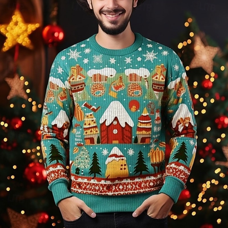 Ugly Christmas Sweater Men's Sweaters Crewnecks Knitting Print New Years Eve Sweater Outdoor Vacation Long Sleeve Blue Dark Green Green Fall Winter S M Ls3