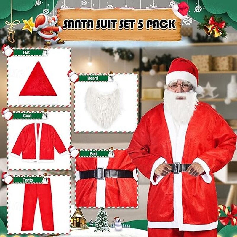 Christmas Costumes for Adults Santa Claus Costume Suit, Father Xmas Party Outfit, 5-Piece Father Christmas Red and White Set for Men, Santa Claus Dress-Up Clothing for Holiday Celebrations4