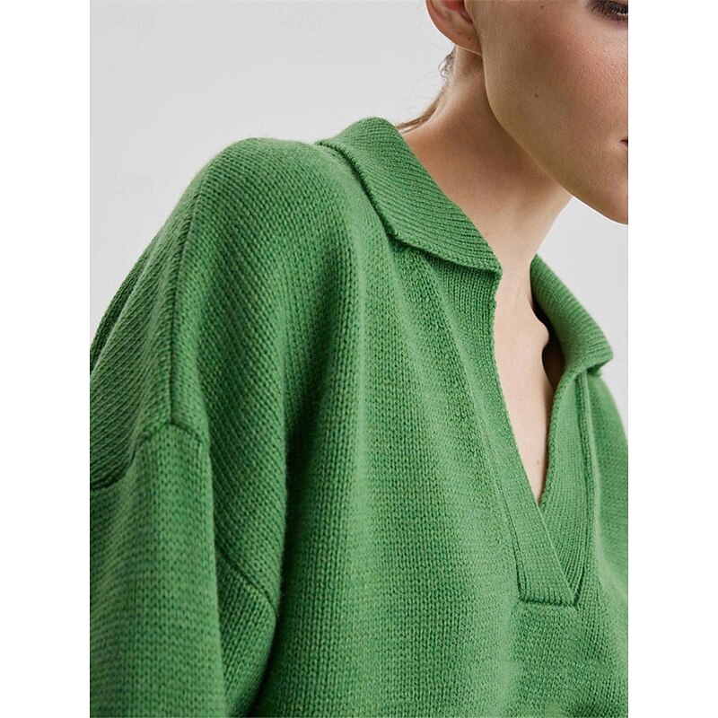 Women's Sweater Pullover Sweater Jumper Casual Soft Pure Color Ribbed Shirt Collar Knitted Long Sleeve Regular Tops Knit Outdoor Daily Weekend White Green Fall Winter 11