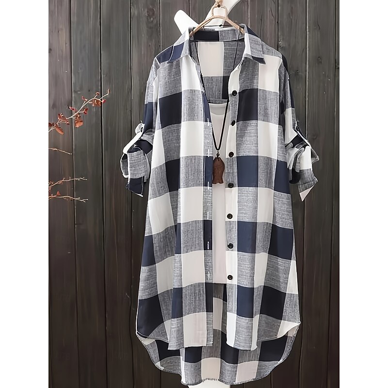 Women's Plus Size Tunic Shacket Plaid Daily Long Sleeve Shirt Collar Casual Holiday Buttons Black Pink Blue All Seasons3