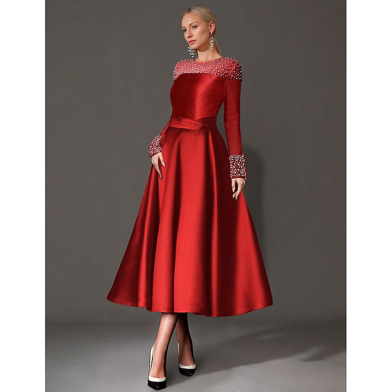 A-Line Cocktail Dresses Elegant Dress Formal Tea Length Long Sleeve Jewel Neck Satin with Pearls Dresses