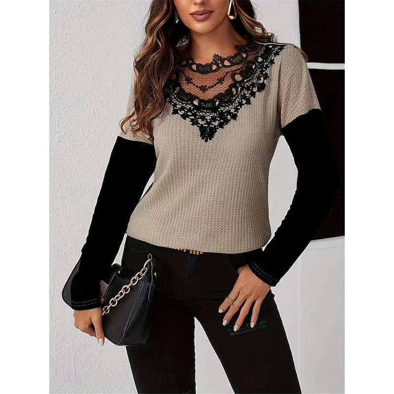 Women's Elegant Lace Tops Eyelet Blouse Fashion Modern Casual Plain Regular Tops Long Sleeve Crew Neck Regular Fit Daily Weekend Romantic Petite Tops Summer Holiday Wear Khaki Fall Winter 5