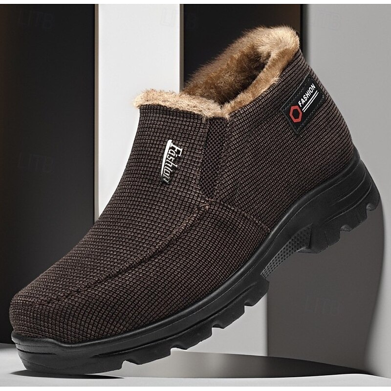 Men's Black Warm Winter Slip-On Ankle Boots with Plush Fur Lining, Non-Slip Sole, and Textured Fabric – Comfortable Outdoor Footwear2