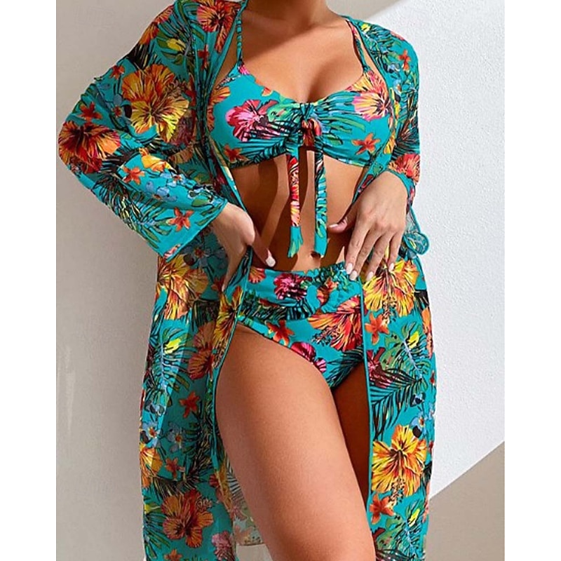 Women's Swimwear Bikini Swimsuit Vacation Floral Long Sleeve Bathing Suits3