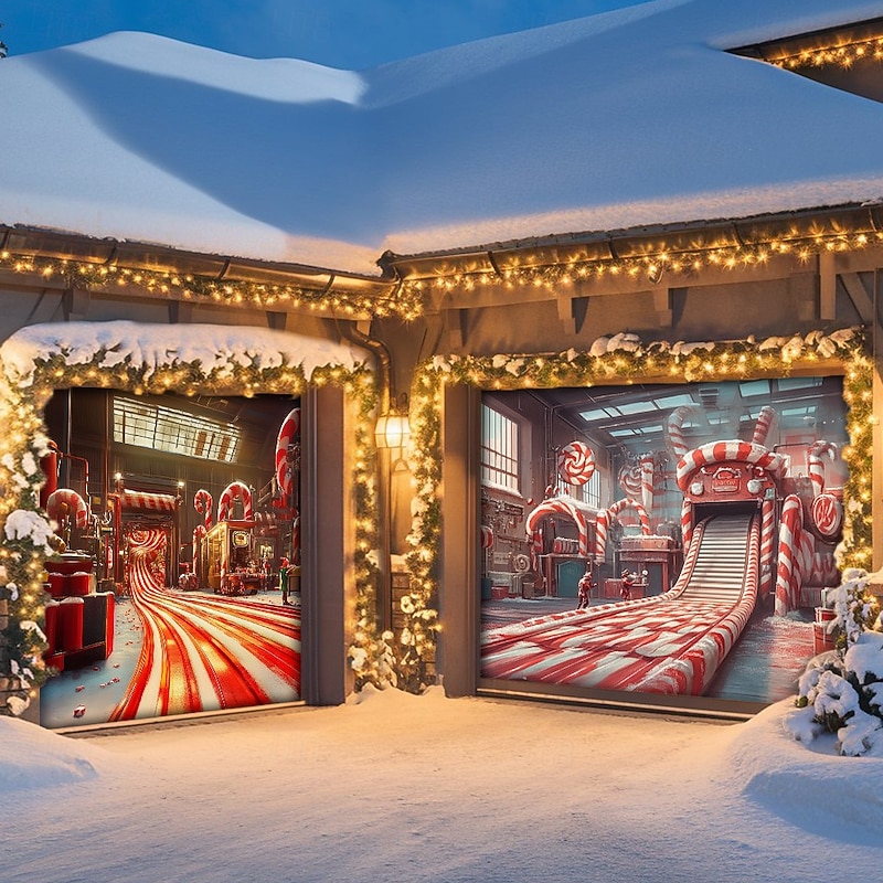 Christmas Door Decorations Garage Door Cover Xmas Candy Canes Gifts Gingerbread Outdoor Banner Large Christmas Backdrop for Holiday Outdoor Garage Door Home Wall Decorations 19