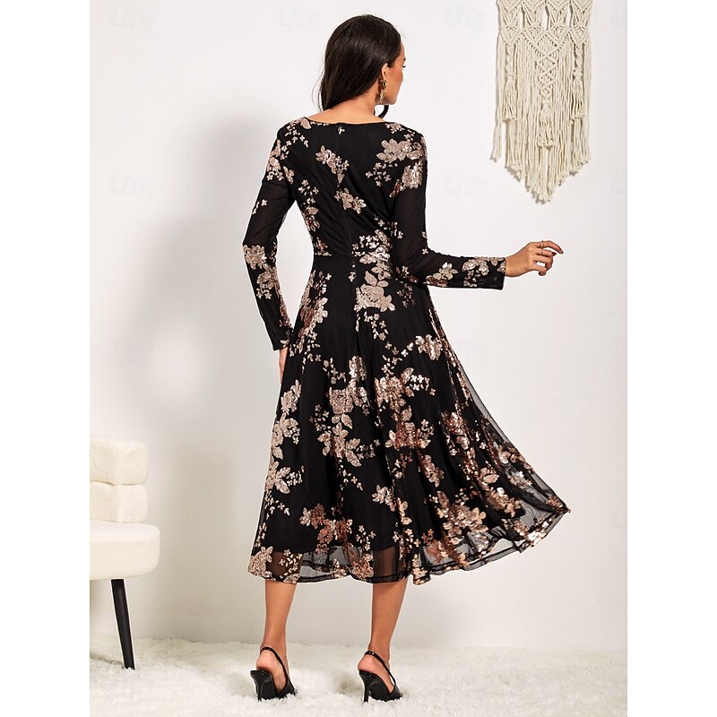 Women's A-Line Midi Dress Long Sleeve Sequins Floral Elegant Black Semi-Formal Sparkly Shimmer Skirt Round Neckline Wedding Party Theater Event Spring Fall Fashion Clothing Apparel S M L XL XXL4