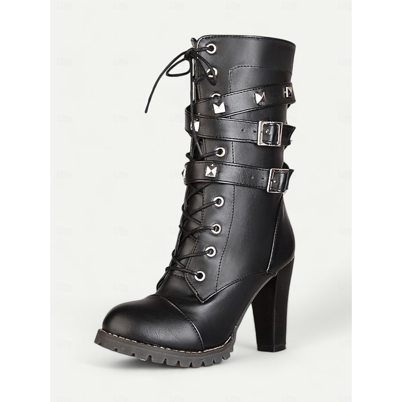 Women's Brown Lace-Up High Heel Combat Boots – Studded Straps and Block Heel, Rugged Motorcycle Style
