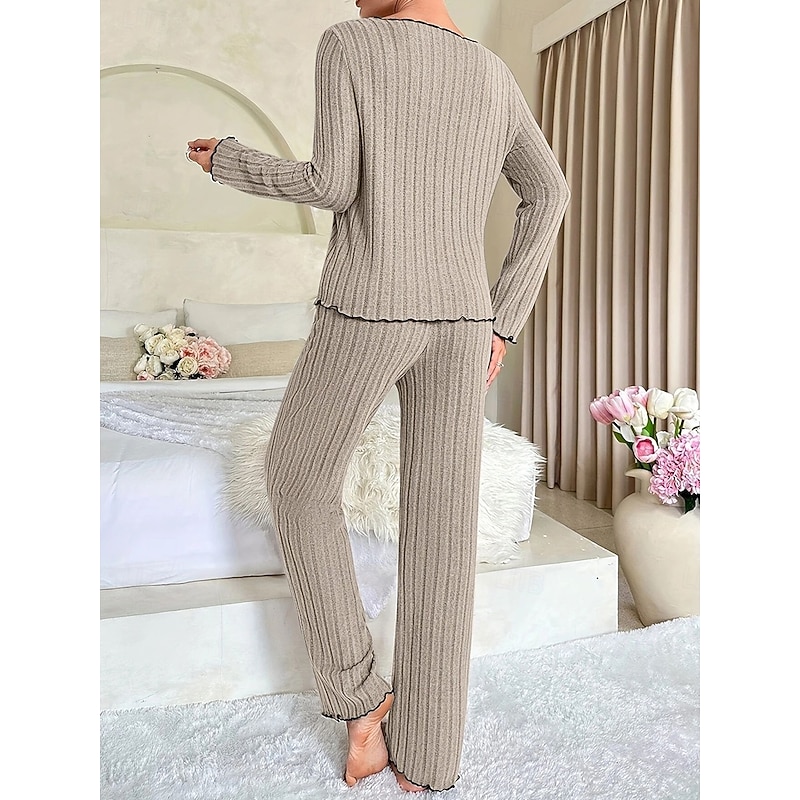 Women's Pajama Set Pure Color Casual Comfort Home Daily Comfort Warm V Neck Long Sleeve T shirt Pant Elastic Waist Fall Winter Home Outfits2