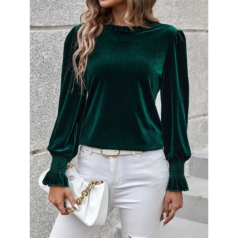 Women's Shirt Velvet Elegant Dressy Solid Color Basic Casual Long Sleeve Turtleneck Regular Tops Daily Green Fall Winter4