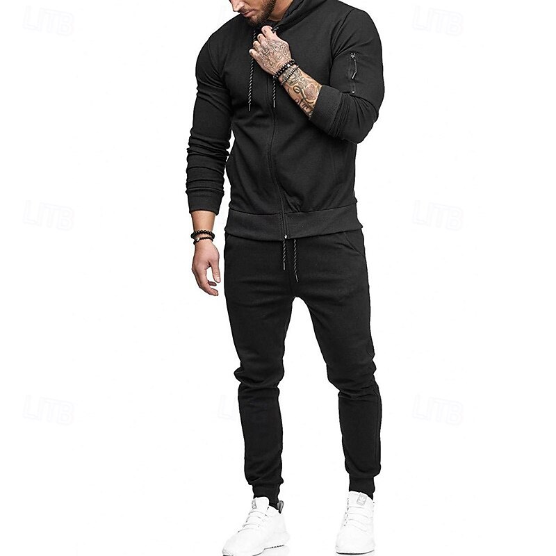 Men's Tracksuit Drawstring Pocket Solid Colored Jacket and Sweatpants Athletic Clothing Set Spring Dark Grey Black Gym Workout Jogging Running Soft Breathable Long Sleeve Sport Activewear4