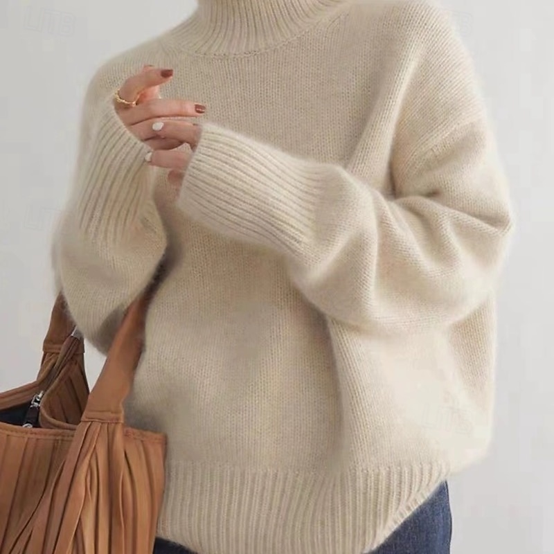 Women's Fuzzy Knit Oversized Sweater Turtleneck Sweater Oversized Work Daily Stylish Long Sleeve Solid Color White Khaki