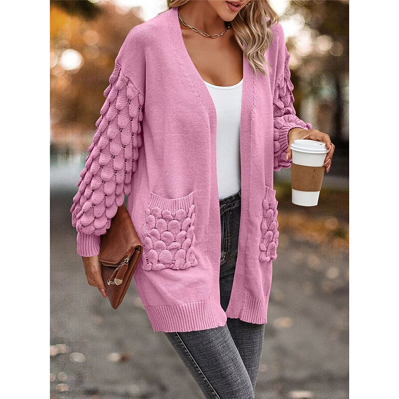 Women's Sweater Cardigan Casual Soft Pure Color Ribbed Open Front Pocket Knitted Long Sleeve Regular Tops Knit Outdoor Daily Weekend Pink Brown Fall Winter