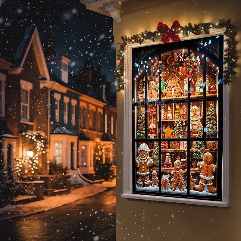 Christmas Window Cover Decorations, Fabric Gingerbread Shop Curtain Movie Poster Window Door Covering Decor for Christmas House, Window Clings Decals Indoor Outdoor2