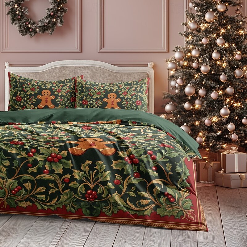 Gingerbread Man Duvet Cover Set Queen King Size  100% Cotton Christmas Comforter Set Full 3 Pieces Duvet Cover and Pillowcases Soft and Breathable for Kids and Adults Christmas Holiday Theme