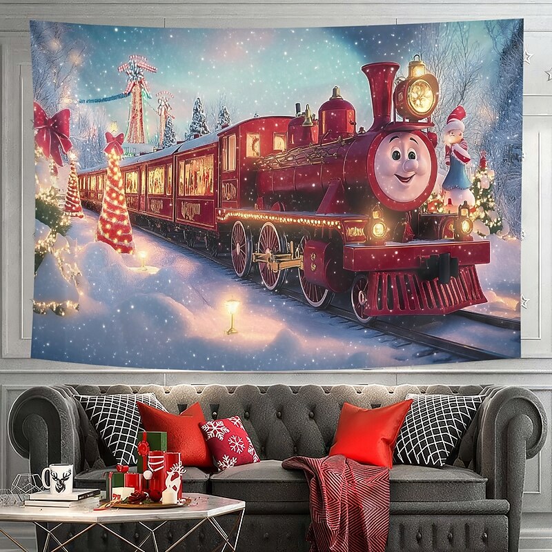 Christmas Decorations Xmas Train Hanging Tapestry Wall Art Large Tapestry Mural Decor Photograph Backdrop Blanket Curtain Home Bedroom Living Room Decoration3