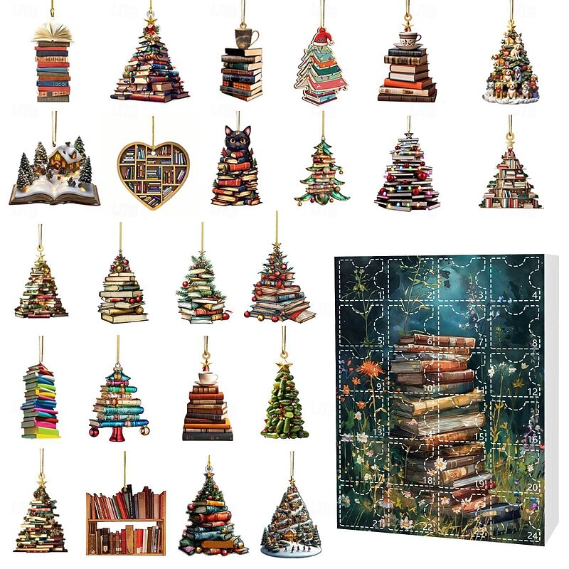 Christmas Advent Calendar Ornaments,2D Acrylic Books Lover Ornaments 24pcs Christmas Ornament Kit Gift 24 Days Countdown Mini Hanging Tree Xmas Ornaments for Christmas Party Decorations3