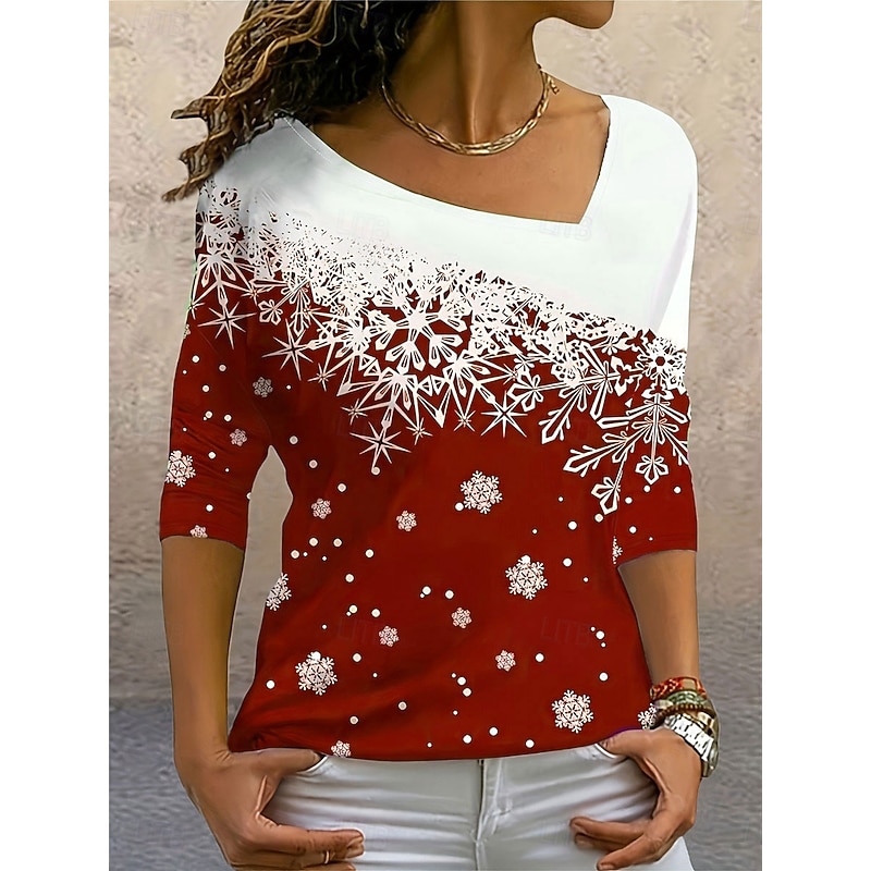 Women's T Shirt Snowflake Print 3/4 Sleeve Scoop Neck Gradient Red White Holiday Casual Festive Winter Top Comfortable Soft Touch Regular Fit