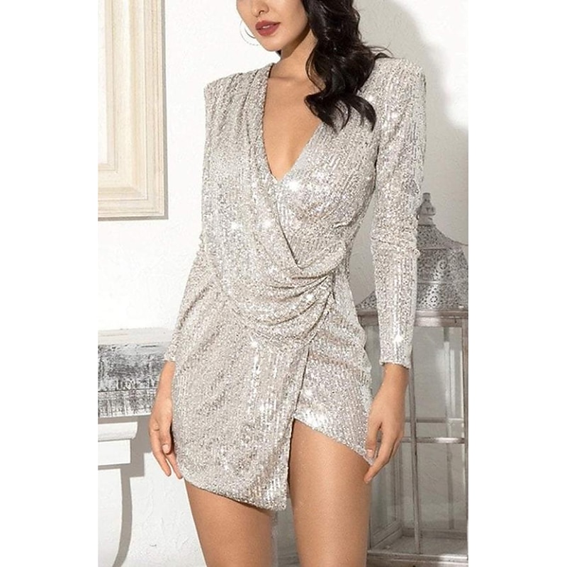 Women's Sequined Mini Dress Long Sleeve V-Neck Draped Silver Glamorous Cocktail Party Evening Wear Fall Winter