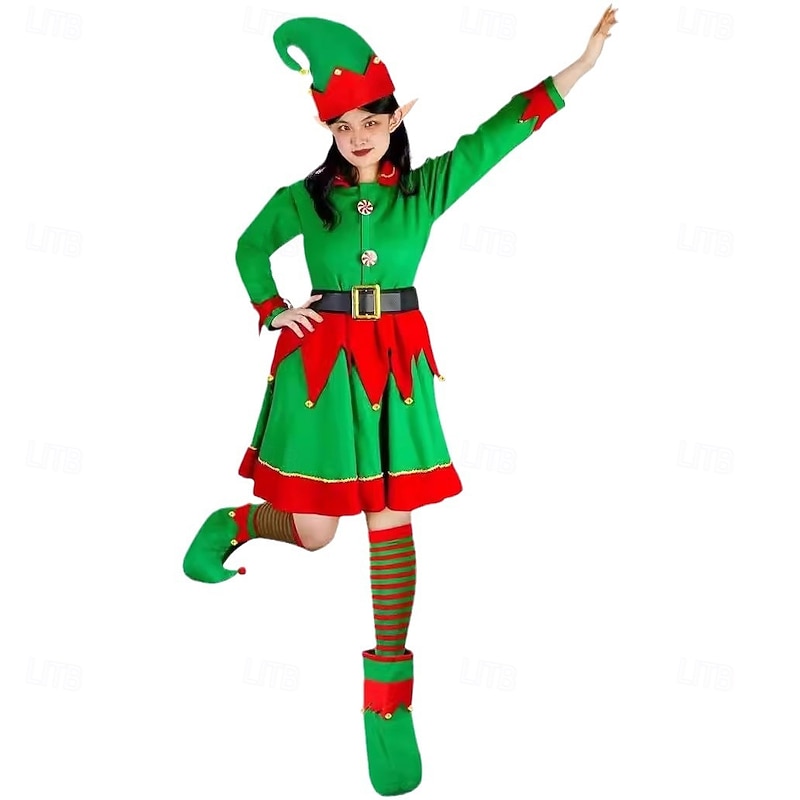 Elf Outfits Fancy Christmas Dress Christmas Costume Women's Christmas Adults Christmas New Year Christmas Eve Christmas Party Dress Belt Socks Shoes Hat3