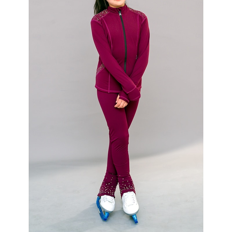 Figure Skating Fleece Jacket Figure Skating Pants Figure Skating Jacket with Pants Women's Girls' Ice Skating Jacket Tights Outfits Burgundy Patchwork Thumbhole Spandex Stretchy Training Practice2