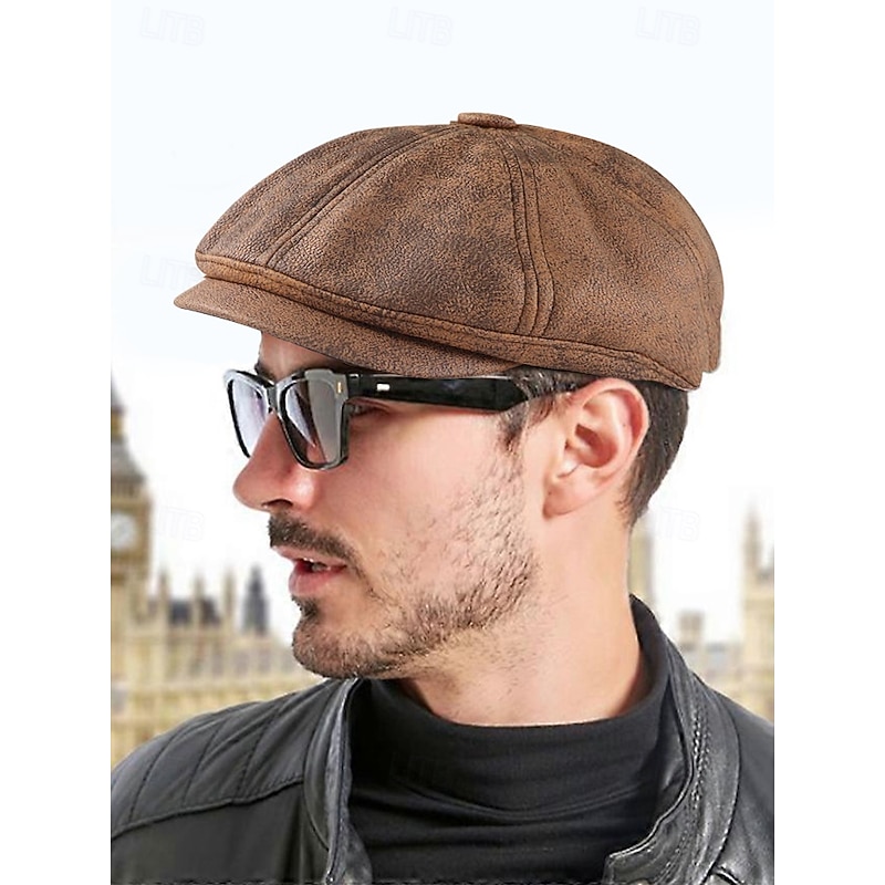 Men's Vintage Newsboy Cap – Stylish Faux Leather Look Flat Cap for Casual or Formal Wear, Available in Multiple Colors