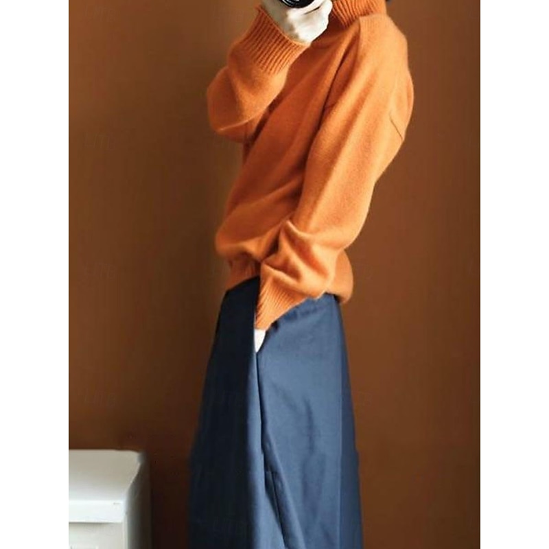 Women's Sweater Pullover Sweater Jumper Casual Soft Pure Color Ribbed Turtleneck Knitted Long Sleeve Regular Tops Knit Outdoor Daily Weekend Navy Blue Orange Fall Winter4