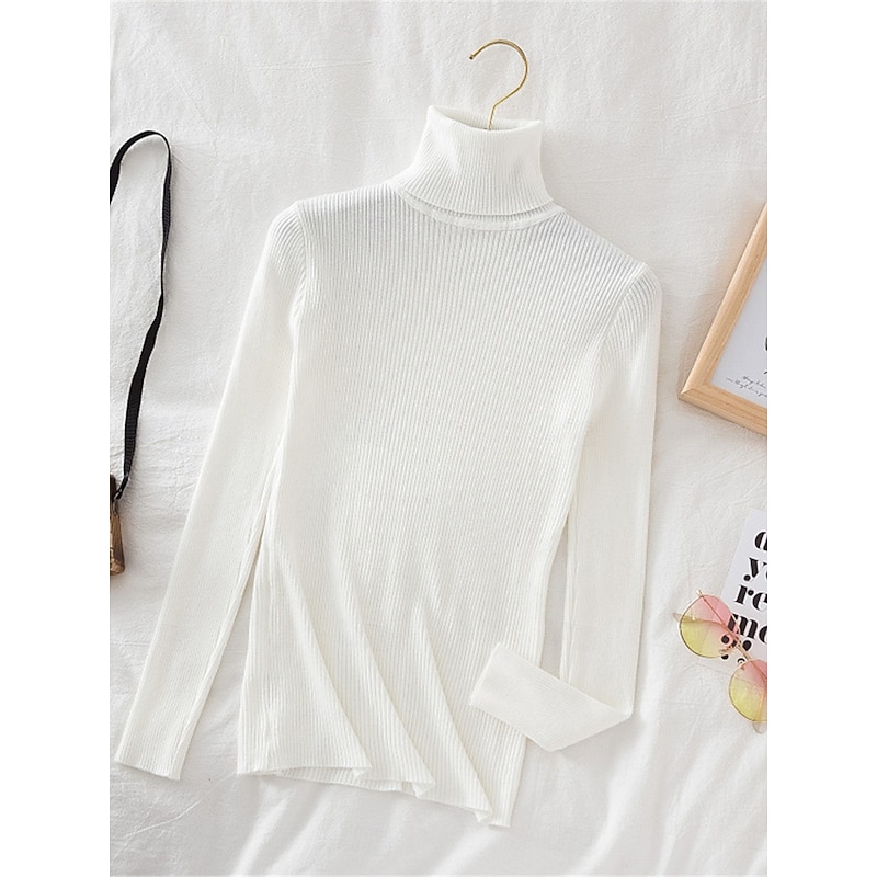 Women's Sweater Pullover Sweater Jumper Casual Soft Pure Color Ribbed Turtleneck Knitted Long Sleeve Regular Tops Knit Outdoor Daily Weekend White Wine Fall Winter2