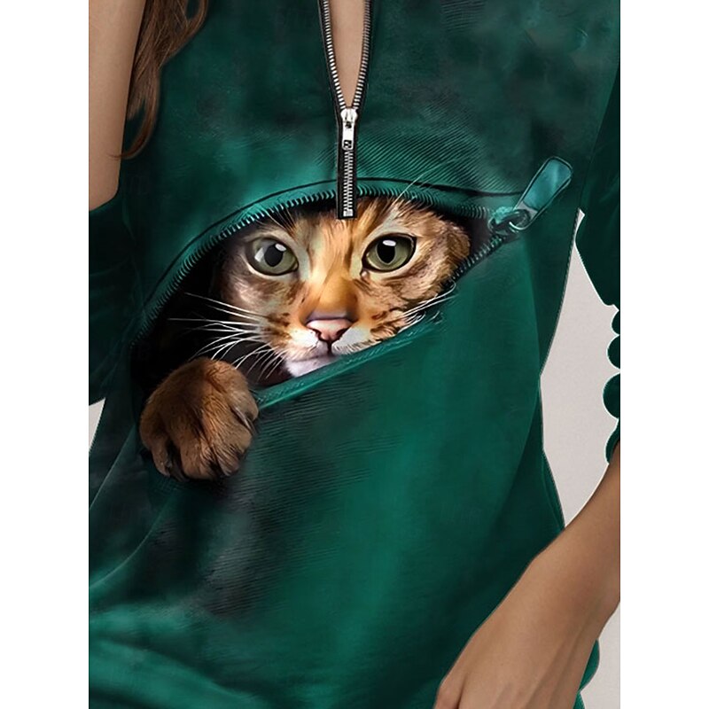 Women's Quarter Zipper Sweater Cat Street Dailywear Print Casual Crew Neck Long Sleeve Micro-elastic Fall Winter Comfrt Breathable Soft Fabric3