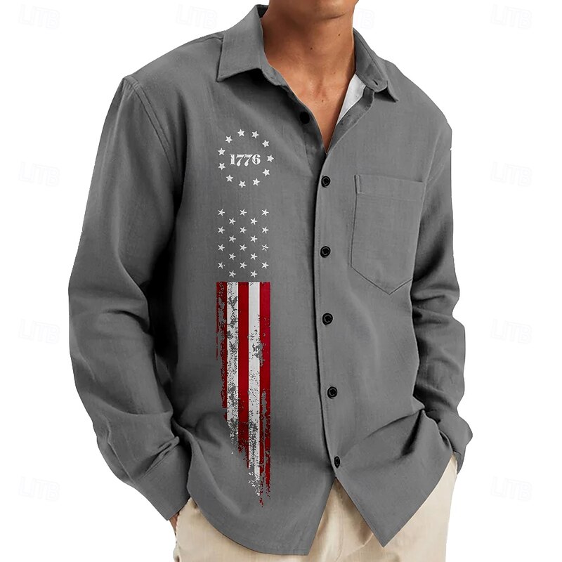 Men's American US Flag Patriotic Beach Shirt Button Up Shirt Long Sleeve Hawaiian Vacation Street Daily Fall Winter Spring & Summer Collared Shirts 3D Print Dark Red Black Light Brown Gray3