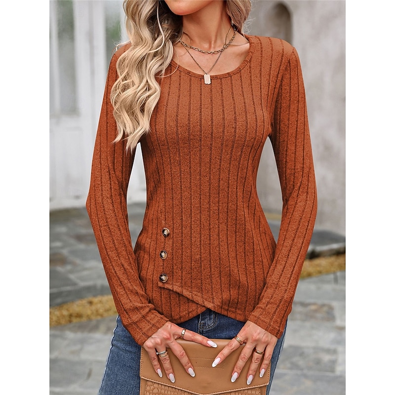 Women's Shirt Blouse Solid Color Basic Casual Long Sleeve Crew Neck Regular Tops Daily Buttons Black Brown Beige Gray Fall Winter4