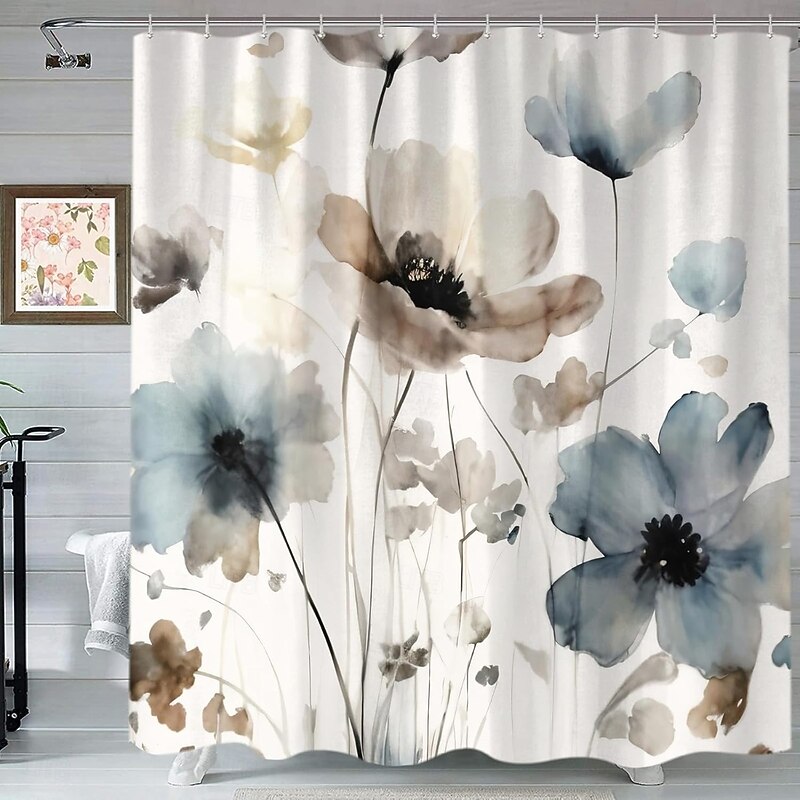 Shower Curtain with Hooks 180cm*180cm(70"*70") Polyester Washable Waterproof Pattern Bathroom Bathtub Decor Botanical Floral3