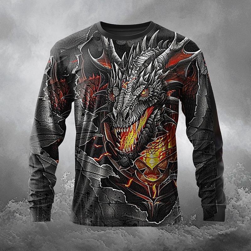 Men's Dragon T Shirt Long Sleeve T shirt 3D Print Crew Neck Shirt Exaggerated Designer Street Style Street Casual Black / White Black Summer Spring Fall Clothing Apparel S M L XL XXL XXXL