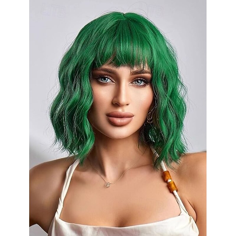 Wig with Bangs Short Wavy Wigs for Women Shoulder Length Curly Bob Wigs Heat Resistant Synthetic Wigs for Christmas Party Wigs Cosplay Daily Party Use