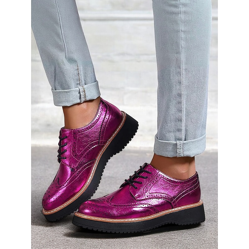 Women's Metallic Pink Brogue Oxford Shoes with Wingtip Design, Lace-Up Casual Dress Shoes for Parties and Fashion Events2