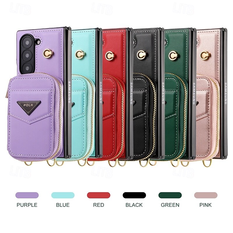 Phone Case For Z Fold 6 Back Cover Zipper with Lanyard with Wrist Strap Retro TPU PU Leather