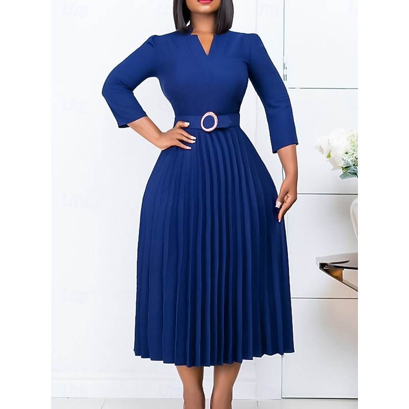 Women's Work Dress Casual Dress A Line Dress Fashion Daily Midi Dress Ruched Patchwork V Neck Long Sleeve Plain Regular Fit Yellow Red Blue Fall Winter S M L XL XXL3