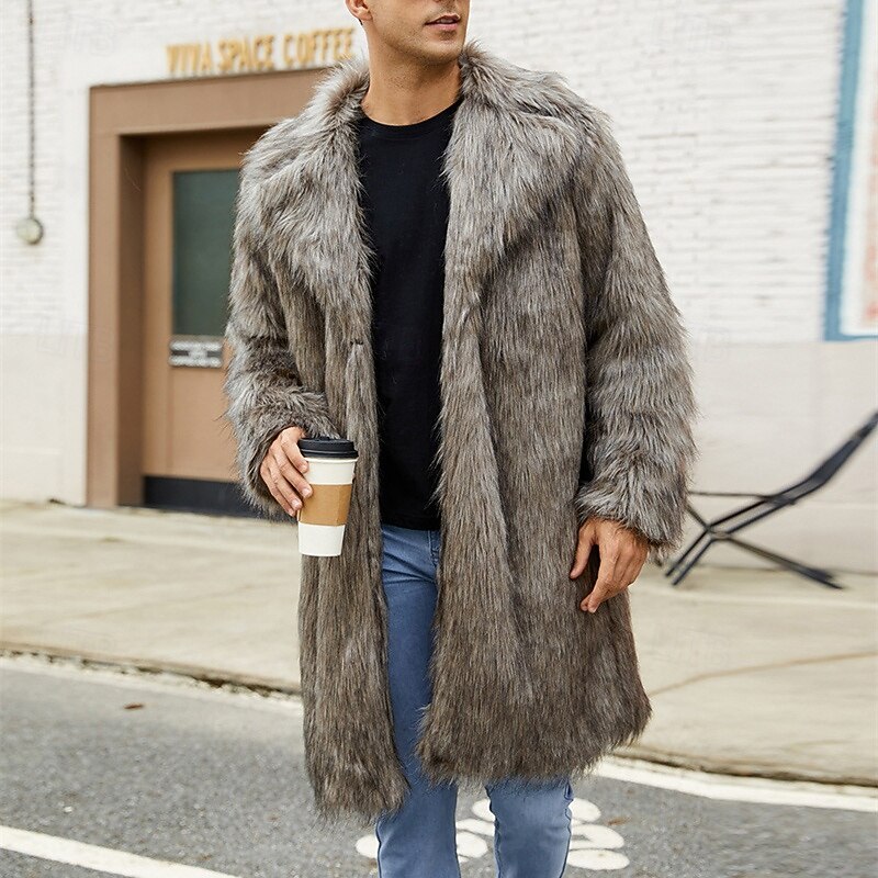 Men's Winter Jacket Fleece Jacket Faux Fur Coat Daily Vacation Thermal Warm Pocket Fleece Fall & Winter Leopard Print Fashion Streetwear Lapel Long White Brown Light Grey Jacket