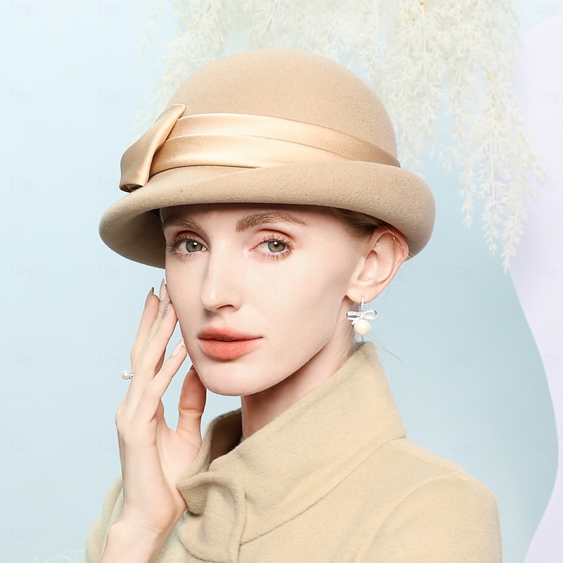 Hats 100% Wool Bowler / Cloche Hat Top Hat Wedding Tea Party Elegant Wedding With Bowknot Pure Color Headpiece Headwear3