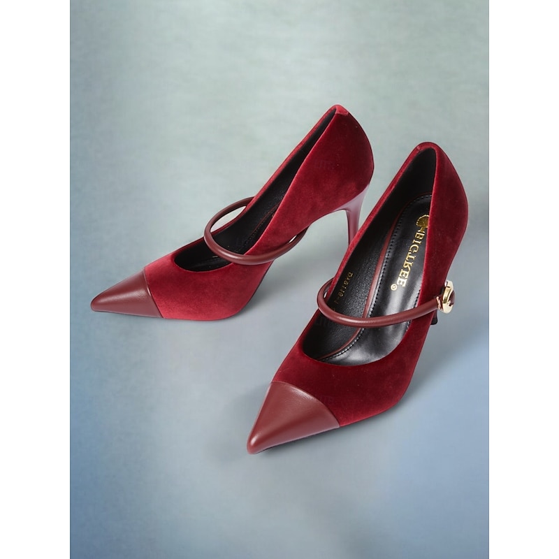 Women's Burgundy Velvet Pointed Toe Stiletto Heels – Elegant High Heels with Gold Buckle for Formal and Evening Wear3