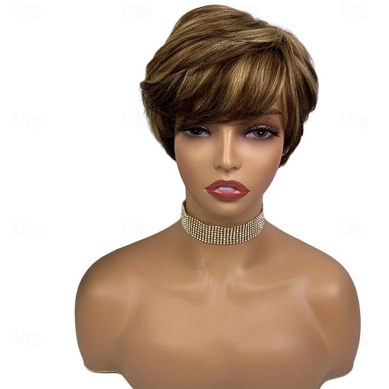 Pixie Cut Wig With Bangs Short Straight Mixed Color Remy Brazilian Human Hair Glueless Full Machine Made wig4