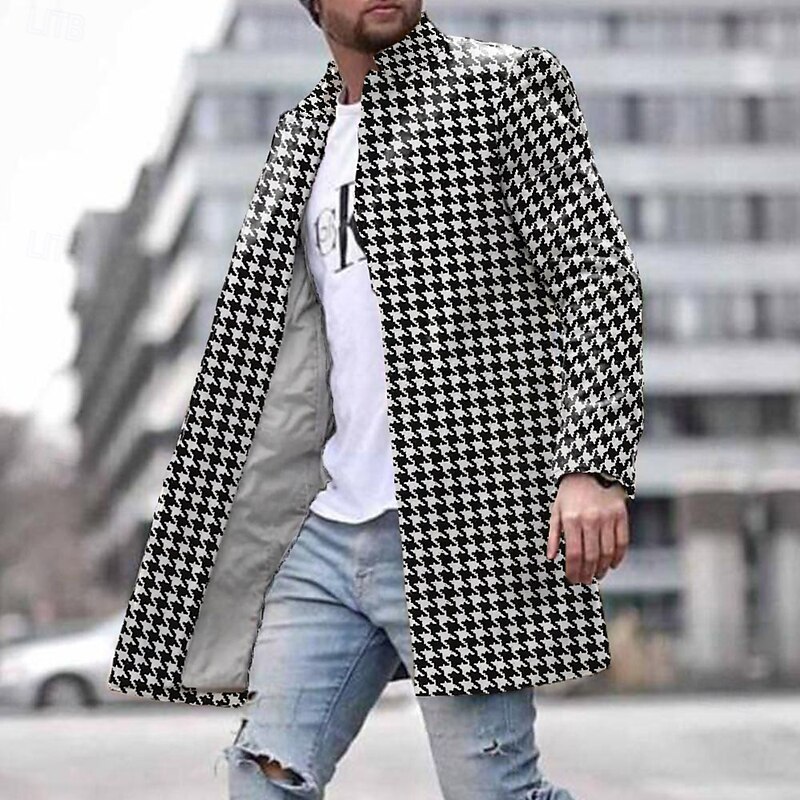 Men's Houndstooth Winter Coat Fleece Jacket Overcoat Thermal Comfortable Business Casual Formal Office / Career Daily Wear 3D Print Buttons Front Pocket Winter Turndown Long Sleeve Black